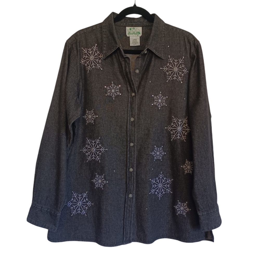 THE QUACKER FACTORY Embroidered Rhinestone Snowflake Black Denim Chambray Top L